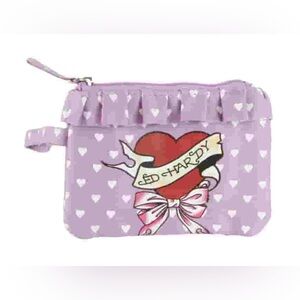 NWT Ed Hardy Kids Heart Pouch - Canvas Lavender and Red